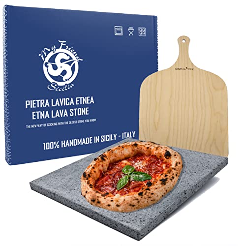 MY FRIEND SICILIA Pizzaset van lavasteen Etnea, 39 x 35 x 2 cm, natuurlijk koken, cadeau-idee, pizzaset voor oven of vuurvaste grill