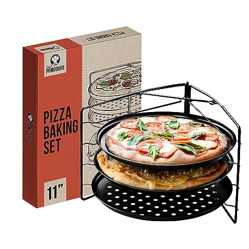 Chef Pomodoro Pizzabakset met 3 pizzapannen en pizzarek, (28 cm pannen), niet-klevende geperforeerde pizzabladen voor oven, grill, pizzapan met gaten, pizzapan voor oven, barbecue, bakvormen