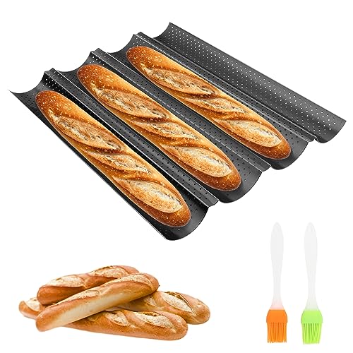 MXTIMWAN Baguette bakvorm, bakplaat voor baguette bakvorm voor 4 baguettes, baguettevorm, baguette-bakplaat met antiaanbaklaag, bakvorm geperforeerd baguetteplaat, broodjes met 4 bakken