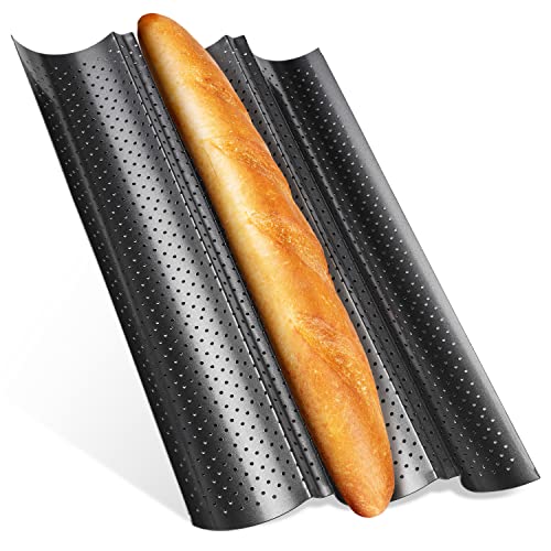 Feelino Bakvormen, baguette bakvorm van koolstofstaal, vaatwasmachinebestendige 3-delige baguette-bakplaat, baguetteplaat met 3 gaten, broodjes bakvorm geperforeerd, broodbakaccessoires,