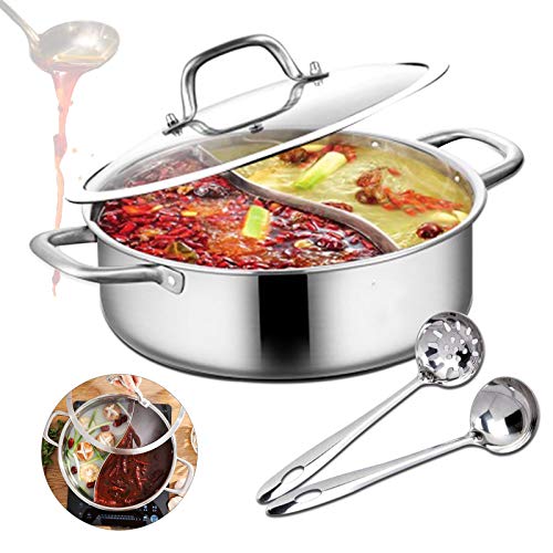 Lightakai Hot Pot kooktoestel, 28cm/32cm roestvrij staal Yin Yang Hot Pot Dual Sided verdeler koken soep Hot Pot met dubbele handgreep, deksel en 2 soeplepels voor inductiekookplaat gasfornuis halogeen oven (32cm)