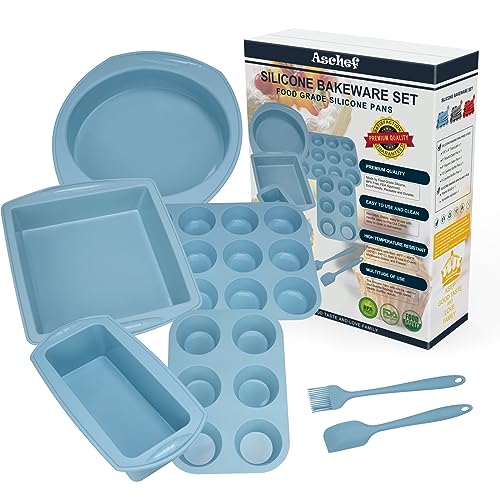 Aschef 7in1 Siliconen Bakvormen Set, Non-stick Bakblikken Mallen Cakevorm Broodbakvorm Muffinvorm Taartvorm Bakvorm, Ronde Cakepan Gebak Bakplaat Siliconen Cakeblikken voor Bakken Cookie, Pizza, Brood, Cake, Toast, Cupcake, Muffin Pannenkoeke Cheesecake.