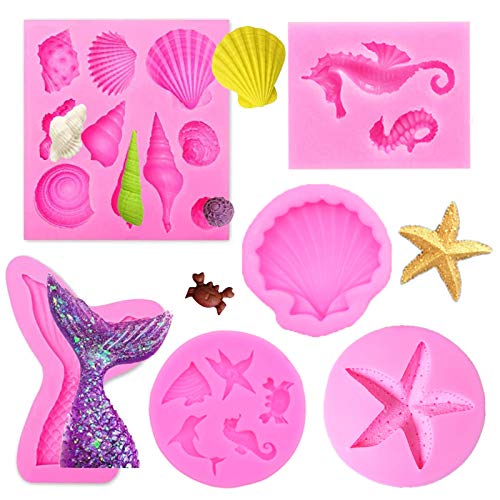 NAMIS Zeemeermin siliconen fondant vormen 3d oceaan dier siliconen bakvormen zeemeermin en zeeshell fondant siliconen vorm DIY siliconen vormen voor fondant bakken ​chocolade marsepein cake gelei muffin(6 stuks)