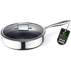 Bergner STEELBLUE Tri-Ply hybride pan, PFASvrij, 28 cm, glazen deksel, keramische coating, roestvrij staal, 3-laags, geschikt voor inductie, krasbestendig Bergner STEELBLUE Tri-Ply hybride pan, PFASvrij, 28 cm, glazen deksel, keramische coating, roestvrij staal, 3-laags, geschikt voor inductie, krasbestendig