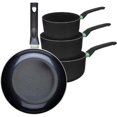FACKELMANN 9430350 Set van 1 koekenpan 28 cm en 3 pannen 16, 18 en 20 cm, keramische antiaanbaklaag, PFAS-vrij, voor alle warmtebronnen, inductie, oven, aluminium, zwart, groen, 16, 18 en 20 cm FACKELMANN 9430350 Set van 1 koekenpan 28 cm en 3 pannen 16, 18 en 20 cm, keramische antiaanbaklaag, PFAS-vrij, voor alle warmtebronnen, inductie, oven, aluminium, zwart, groen, 16, 18 en 20 cm