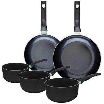 FACKELMANN 9430750 pannenset 24 en 28 cm en 3 pannen 16, 18 en 20 cm, keramische coating, antiaanbaklaag, PFAS-vrij, voor alle warmtebronnen, inductie, oven, aluminium, zwart, groen, 16, 18 en 20 cm FACKELMANN 9430750 pannenset 24 en 28 cm en 3 pannen 16, 18 en 20 cm, keramische coating, antiaanbaklaag, PFAS-vrij, voor alle warmtebronnen, inductie, oven, aluminium, zwart, groen, 16, 18 en 20 cm