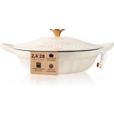 Römertopf Gietijzeren stoofpan met deksel 28 cm sauteerpan emaille coating, alle warmtebronnen incl. inductie, ovenbestendig 250 °C, braden en stoven, PFAS-vrij, crème Römertopf Gietijzeren stoofpan met deksel 28 cm sauteerpan emaille coating, alle warmtebronnen incl. inductie, ovenbestendig 250 °C, braden en stoven, PFAS-vrij, crème