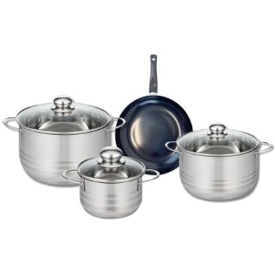 FACKELMANN ELO 9711750 4-delige pannenset, set van 1 kookpan 20 cm en 3 kookpannen 16, 20 en 24 cm, Elo Prima glanzend, roestvrij staal, inductie FACKELMANN ELO 9711750 4-delige pannenset, set van 1 kookpan 20 cm en 3 kookpannen 16, 20 en 24 cm, Elo Prima glanzend, roestvrij staal, inductie