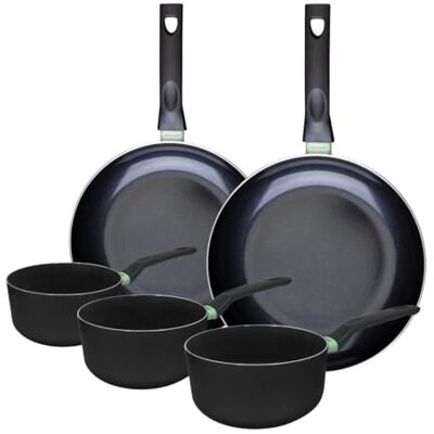 FACKELMANN 9430850 pannenset 28 en 30 cm en 3 pannen 16, 18 en 20 cm, keramische coating, antiaanbaklaag, PFAS-vrij, voor alle warmtebronnen, inductie, oven, aluminium, zwart, groen, 16, 18 en 20 cm FACKELMANN 9430850 pannenset 28 en 30 cm en 3 pannen 16, 18 en 20 cm, keramische coating, antiaanbaklaag, PFAS-vrij, voor alle warmtebronnen, inductie, oven, aluminium, zwart, groen, 16, 18 en 20 cm