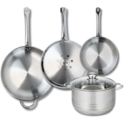 FACKELMANN ELO 9884950 4-delige pannenset, set van 3 kookpannen 24, 28 en 32 cm en 1 kookpan 24 cm Elo Profi glanzend, roestvrij staal, inductie FACKELMANN ELO 9884950 4-delige pannenset, set van 3 kookpannen 24, 28 en 32 cm en 1 kookpan 24 cm Elo Profi glanzend, roestvrij staal, inductie