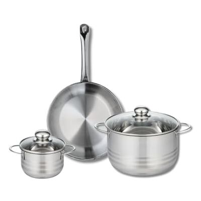 FACKELMANN ELO 9870150 pannenset, 3-delig, 1 koekenpan 28 cm en 2 kookpannen 14 en 24 cm, Elo Profi glanzend, roestvrij staal, inductie FACKELMANN ELO 9870150 pannenset, 3-delig, 1 koekenpan 28 cm en 2 kookpannen 14 en 24 cm, Elo Profi glanzend, roestvrij staal, inductie