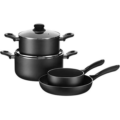 MÄSER 931737 serie Izar, kookpannenset met antiaanbaklaag, geschikt voor inductie, bevat 2 kookpannen met deksel, 1 braadpan, 1 braadpan, aluminium, zwart MÄSER 931737 serie Izar, kookpannenset met antiaanbaklaag, geschikt voor inductie, bevat 2 kookpannen met deksel, 1 braadpan, 1 braadpan, aluminium, zwart