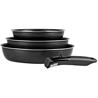 Sitram 712757 Set van 3 afneembare pannen van geperst aluminium Ø 20/24/28 cm, antiaanbaklaag, afneembare handgreep voor alle warmtebronnen inclusief inductie, zwart, zilver Sitram 712757 Set van 3 afneembare pannen van geperst aluminium Ø 20/24/28 cm, antiaanbaklaag, afneembare handgreep voor alle warmtebronnen inclusief inductie, zwart, zilver