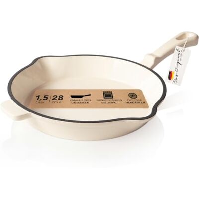Römertopf Gietijzeren braadpan 28 cm pan emaille coating, alle warmtebronnen incl. inductie, ovenbestendig 250 °C, voor steaks, gebakken aardappelen, vis, pannengerechten, PFAS-vrij, crème Römertopf Gietijzeren braadpan 28 cm pan emaille coating, alle warmtebronnen incl. inductie, ovenbestendig 250 °C, voor steaks, gebakken aardappelen, vis, pannengerechten, PFAS-vrij, crème