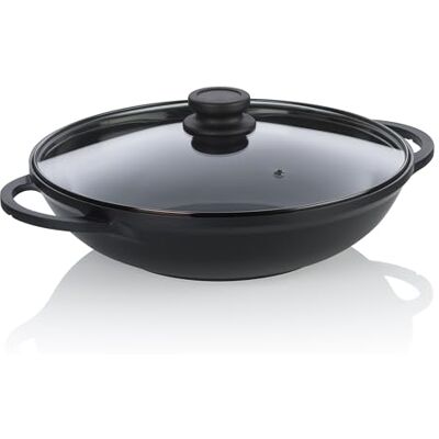 Kela Wokpan 32 cm met glazen deksel ATURA, wok inductie 4 liter, gegoten aluminium keramiek gecoat, PFAS vrij, zwart Kela Wokpan 32 cm met glazen deksel ATURA, wok inductie 4 liter, gegoten aluminium keramiek gecoat, PFAS vrij, zwart