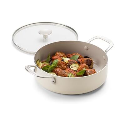KitchenAid Aluminium Hapjespan Keramisch Antiaanbak met Glazen Deksel en Hulpgreep, 28 cm/4,28 L, PFAS-Vrij, Inductie, RVS-Greep, Ovenbestendig, Vaatwasmachinebestendig, Almond Cream KitchenAid Aluminium Hapjespan Keramisch Antiaanbak met Glazen Deksel en Hulpgreep, 28 cm/4,28 L, PFAS-Vrij, Inductie, RVS-Greep, Ovenbestendig, Vaatwasmachinebestendig, Almond Cream