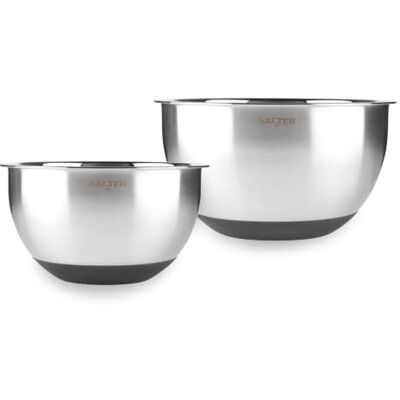 Salter Expert Mengkommenset van roestvrij staal, 20/24 cm, 2-delig Geborstelde buitenkant, spiegelgladde binnenkant, maatschaal binnenin, antislip siliconen bodem, voor bakken en mengen Salter Expert Mengkommenset van roestvrij staal, 20/24 cm, 2-delig Geborstelde buitenkant, spiegelgladde binnenkant, maatschaal binnenin, antislip siliconen bodem, voor bakken en mengen