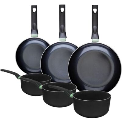 FACKELMANN 9430950 pannenset, 3-delig, 20, 24 en 28 cm, 3 pannen 16, 18 en 20 cm, keramische antiaanbaklaag, PFAS-vrij, voor alle warmtebronnen, inductie, oven, aluminium, zwart, groen, 16, 18 en 20 FACKELMANN 9430950 pannenset, 3-delig, 20, 24 en 28 cm, 3 pannen 16, 18 en 20 cm, keramische antiaanbaklaag, PFAS-vrij, voor alle warmtebronnen, inductie, oven, aluminium, zwart, groen, 16, 18 en 20