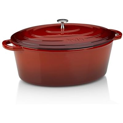 Kela 11943 Braadpan met deksel, gietijzer, laagje email, hoge warmte-opslag, geschikt voor inductiekookplaten, 9,5 l, rood, ovaal, Calido, één maat Kela 11943 Braadpan met deksel, gietijzer, laagje email, hoge warmte-opslag, geschikt voor inductiekookplaten, 9,5 l, rood, ovaal, Calido, één maat