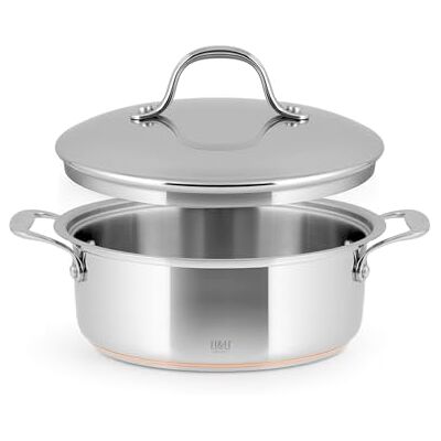 H&H Lage braadpan van roestvrij staal en koper, 2 handgrepen, 26 cm, met deksel H&H Lage braadpan van roestvrij staal en koper, 2 handgrepen, 26 cm, met deksel