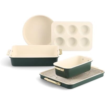 GreenPan Reserve Backform-Set, 6-teilig, antihaftbeschichtet, Keramik, goldener Griff, Backbleche, Kuchenformen, Kastenform, Muffinform, Abkühlgitter, PFAS-frei, Ofenfest bis 240 °C, Grün GreenPan Reserve Backform-Set, 6-teilig, antihaftbeschichtet, Keramik, goldener Griff, Backbleche, Kuchenformen, Kastenform, Muffinform, Abkühlgitter, PFAS-frei, Ofenfest bis 240 °C, Grün
