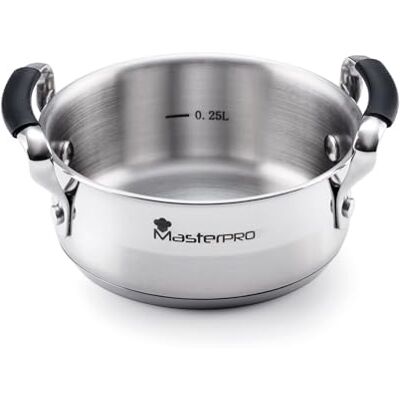 MasterPro Smart Keukenpan 12 cm Met drievoudige laag van roestvrij staal en gesmeed aluminium Met ergonomische handgrepen Keukenpan Voor alle keukensoorten MasterPro Smart Keukenpan 12 cm Met drievoudige laag van roestvrij staal en gesmeed aluminium Met ergonomische handgrepen Keukenpan Voor alle keukensoorten