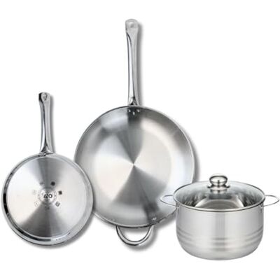 FACKELMANN ELO 9878650 3-delige pannenset, 2-delige pannenset, 24 en 32 cm en 1 kookpan 20 cm, Elo Profi glanzend, roestvrij staal, inductie FACKELMANN ELO 9878650 3-delige pannenset, 2-delige pannenset, 24 en 32 cm en 1 kookpan 20 cm, Elo Profi glanzend, roestvrij staal, inductie