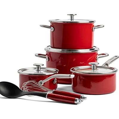 KitchenAid Steel Core Emaille 10-delige kookgerei set met deksels, Duits ontworpen email, inductie, ovenveilig, vaatwasmachinebestendig, Empire Red KitchenAid Steel Core Emaille 10-delige kookgerei set met deksels, Duits ontworpen email, inductie, ovenveilig, vaatwasmachinebestendig, Empire Red
