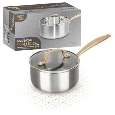 KASANOVA Tri-Ply steelpan, 16 cm, met deksel, goudkleurig KASANOVA Tri-Ply steelpan, 16 cm, met deksel, goudkleurig