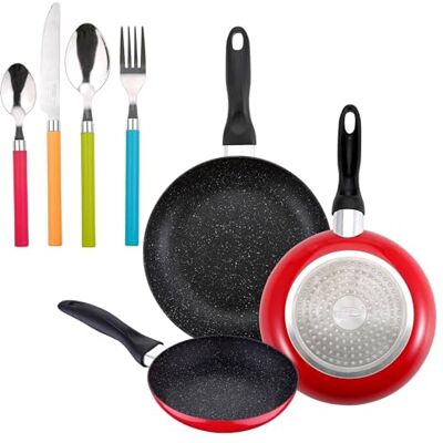 San Ignacio 3-delige pannenset, Ø 16 Ø 20 x 24 cm + 24-delig bestek van roestvrij staal, meerkleurig San Ignacio 3-delige pannenset, Ø 16 Ø 20 x 24 cm + 24-delig bestek van roestvrij staal, meerkleurig