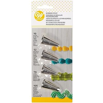 Wilton Cake Decorating Tip Set voor Randen, 4-delig (Tips 10, 32, 70, 105) Wilton Cake Decorating Tip Set voor Randen, 4-delig (Tips 10, 32, 70, 105)