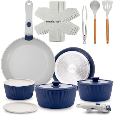 NutriChef Keramische Pannenset met Afneembare Handgreep, 18-Delige Set – PTFE-vrije Coating, Ruimtebesparend, Oven- en Vaatwasmachinebestendig, Inclusief Keukengerei, Crème & Blauw NutriChef Keramische Pannenset met Afneembare Handgreep, 18-Delige Set – PTFE-vrije Coating, Ruimtebesparend, Oven- en Vaatwasmachinebestendig, Inclusief Keukengerei, Crème & Blauw