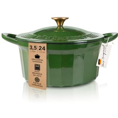 Römertopf Gietijzeren pan met deksel 24 cm – stoofpan emaille coating, alle warmtebronnen incl. inductie, ovenbestendig 250 °C, brood bakken, stoven, braden, PFAS-vrij, groen Römertopf Gietijzeren pan met deksel 24 cm – stoofpan emaille coating, alle warmtebronnen incl. inductie, ovenbestendig 250 °C, brood bakken, stoven, braden, PFAS-vrij, groen