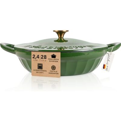 Römertopf Gietijzeren stoofpan met deksel 28 cm sauteerpan emaille coating, alle warmtebronnen incl. inductie, ovenbestendig 250 °C, braden en stoven, PFAS-vrij, diepgroen Römertopf Gietijzeren stoofpan met deksel 28 cm sauteerpan emaille coating, alle warmtebronnen incl. inductie, ovenbestendig 250 °C, braden en stoven, PFAS-vrij, diepgroen