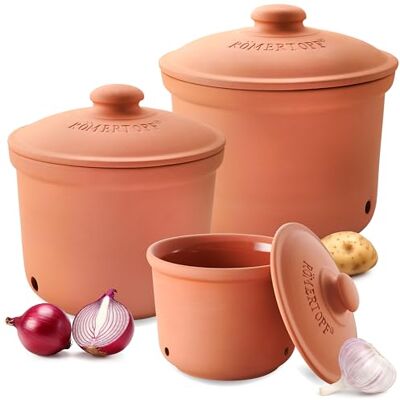 Römertopf Vershoudpan, 3-delige set, knoflook, ui en aardappelopbergdoos keramiek, ademende klei houdt groenten langer vers, terracotta Römertopf Vershoudpan, 3-delige set, knoflook, ui en aardappelopbergdoos keramiek, ademende klei houdt groenten langer vers, terracotta