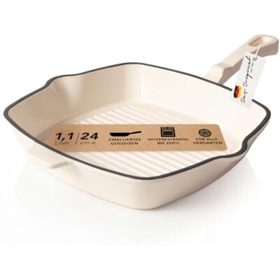 Römertopf Gietijzeren grillpan vierkant 24 cm steakpan emaille coating, alle warmtebronnen incl. inductie, ovenbestendig 250 °C, grillstrips vetarm braden, PFAS-vrij, crème Römertopf Gietijzeren grillpan vierkant 24 cm steakpan emaille coating, alle warmtebronnen incl. inductie, ovenbestendig 250 °C, grillstrips vetarm braden, PFAS-vrij, crème