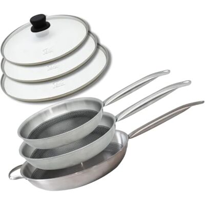 ELO 9350550 Set van 3 pannen 24, 28 en 32 cm van roestvrij staal 18-10 met deksel, PFAS-vrij, anti-aanbaklaag, inductie, antiaanbaklaag zonder PFAS, roestvrij staal, aluminium, aluminiumgrijs, 24, 28 ELO 9350550 Set van 3 pannen 24, 28 en 32 cm van roestvrij staal 18-10 met deksel, PFAS-vrij, anti-aanbaklaag, inductie, antiaanbaklaag zonder PFAS, roestvrij staal, aluminium, aluminiumgrijs, 24, 28