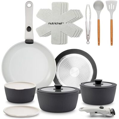 NutriChef Keramische Pannenset met Afneembare Handgreep, 18-Delige Set – PTFE-vrije Coating, Ruimtebesparend, Oven- en Vaatwasmachinebestendig, Inclusief Keukengerei, Grijs NutriChef Keramische Pannenset met Afneembare Handgreep, 18-Delige Set – PTFE-vrije Coating, Ruimtebesparend, Oven- en Vaatwasmachinebestendig, Inclusief Keukengerei, Grijs