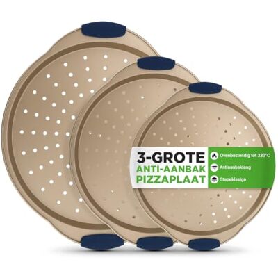 Nutrichef Pizzaplaat, goud, set van 3 stuks, diameter 24 cm, 28 cm en 33 cm, geperforeerde anti-aanbakbakvormen van koolstofstaal met siliconen handgrepen, stapelbaar en vaatwasmachinebestendig, voor Nutrichef Pizzaplaat, goud, set van 3 stuks, diameter 24 cm, 28 cm en 33 cm, geperforeerde anti-aanbakbakvormen van koolstofstaal met siliconen handgrepen, stapelbaar en vaatwasmachinebestendig, voor