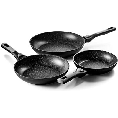 Pradel Excellence Pradel Pannenset met afneembare handgrepen, binnenkant steenlook, 3 stuks Pradel Excellence Pradel Pannenset met afneembare handgrepen, binnenkant steenlook, 3 stuks