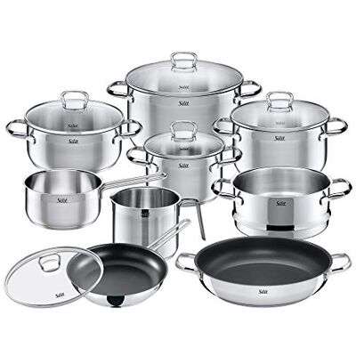 Silit Toskana kookgerei set inductie 10-delig, kookpotset met glazen deksel, melkpot, stomer, pan, roestvrij staal gedeeltelijk mat, pannenset ongecoat Silit Toskana kookgerei set inductie 10-delig, kookpotset met glazen deksel, melkpot, stomer, pan, roestvrij staal gedeeltelijk mat, pannenset ongecoat