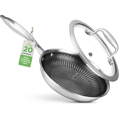 NutriChef Roestvrijstalen Koekenpan, Skillet, Drievoudige Kookpan voor Roerbakken, Antiaanbaklaag, Krasbestendig Reliëfstructuur in Honingraatpatroon NutriChef Roestvrijstalen Koekenpan, Skillet, Drievoudige Kookpan voor Roerbakken, Antiaanbaklaag, Krasbestendig Reliëfstructuur in Honingraatpatroon