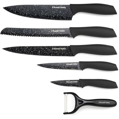 Russell Hobbs Black Marble messenset en dunschiller, 6-delig Roestvrijstalen messen, antiaanbaklaag met marmerlook, soft-touch handgrepen, alleen handwas, zwarte afwerking Russell Hobbs Black Marble messenset en dunschiller, 6-delig Roestvrijstalen messen, antiaanbaklaag met marmerlook, soft-touch handgrepen, alleen handwas, zwarte afwerking