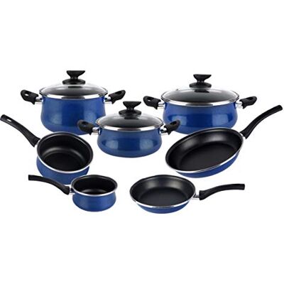 Magefesa Paula 10-delige pannenset, geëmailleerd, buitenkant blauw, anti-aanbaklaag, geschikt voor alle warmtebronnen, met name inductie, 50% energiebesparing Magefesa Paula 10-delige pannenset, geëmailleerd, buitenkant blauw, anti-aanbaklaag, geschikt voor alle warmtebronnen, met name inductie, 50% energiebesparing