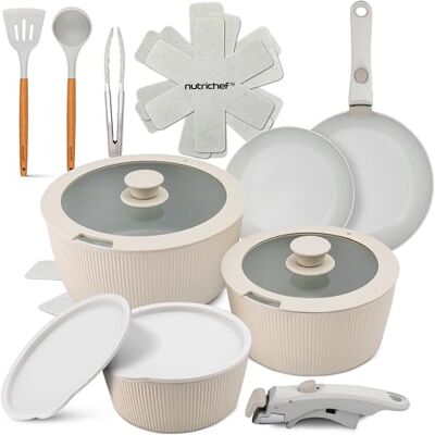 NutriChef Keramische Pannenset met Afneembare Handgreep, 18-Delige Set – PTFE-vrije Coating, Ruimtebesparend, Oven- en Vaatwasmachinebestendig, Inclusief Keukengerei, Crème NutriChef Keramische Pannenset met Afneembare Handgreep, 18-Delige Set – PTFE-vrije Coating, Ruimtebesparend, Oven- en Vaatwasmachinebestendig, Inclusief Keukengerei, Crème