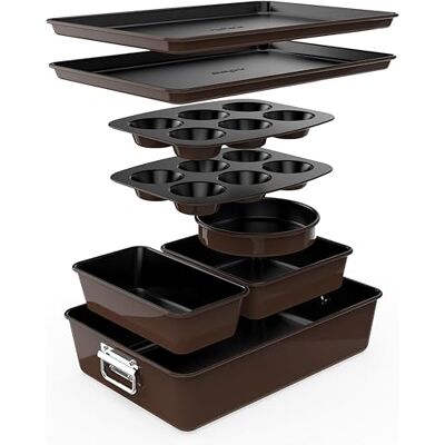NutriChef Bakvormenset 8-Delige Stapelbare Antiaanbak Bakset, PFOA-Vrij, Ovenbestendig tot 230°C, Voor Taarten, Muffins, Brood, En Meer Ideaal voor Grote Hoeveelheden Bakken-Bruin NutriChef Bakvormenset 8-Delige Stapelbare Antiaanbak Bakset, PFOA-Vrij, Ovenbestendig tot 230°C, Voor Taarten, Muffins, Brood, En Meer Ideaal voor Grote Hoeveelheden Bakken-Bruin