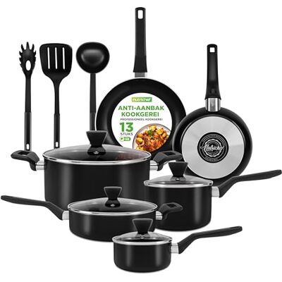 NutriChef Pannenset,13-delige Antiaanbak Kookgerei, Hittebestendige Keukenset, Steelpan, Koekenpannen, Kookpotten, Casserole, Deksels, Pollepel,Vork en Zeef, Zwart NutriChef Pannenset,13-delige Antiaanbak Kookgerei, Hittebestendige Keukenset, Steelpan, Koekenpannen, Kookpotten, Casserole, Deksels, Pollepel,Vork en Zeef, Zwart