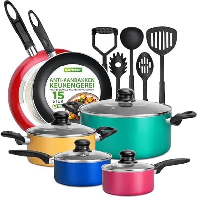 NutriChef Pannenset Inductie-Kookset – 15-delige Antiaanbak Kookpannenset met Kookpannen, Koekenpannen, Braadpan, Deksels & 5-delig Keukengerei NutriChef Pannenset Inductie-Kookset – 15-delige Antiaanbak Kookpannenset met Kookpannen, Koekenpannen, Braadpan, Deksels & 5-delig Keukengerei