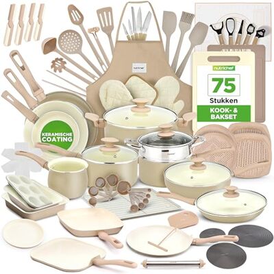 NutriChef Set van 75 Stuks Anti-aanbak Pannen en Potten, Compleet Set van Keramisch Keukengerei met Bakgerei, Messenset en Accessoires, Vlekbestendig, Veilig voor Voedsel, Crème/Bruin NutriChef Set van 75 Stuks Anti-aanbak Pannen en Potten, Compleet Set van Keramisch Keukengerei met Bakgerei, Messenset en Accessoires, Vlekbestendig, Veilig voor Voedsel, Crème/Bruin