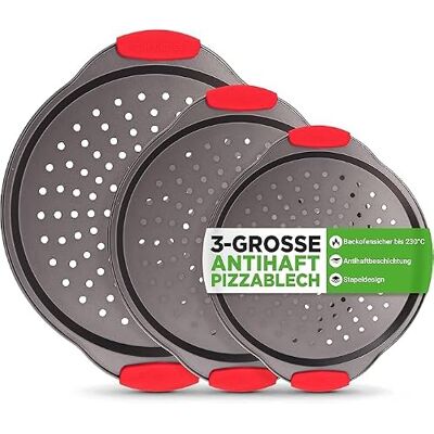 NutriChef Pizzaplaat, zwart, set van 3, diameter 24 cm, 28 cm en 33 cm, geperforeerde bakvormen met anti-aanbaklaag van koolstofstaal met siliconen handgrepen, stapelbaar en vaatwasmachinebestendig NutriChef Pizzaplaat, zwart, set van 3, diameter 24 cm, 28 cm en 33 cm, geperforeerde bakvormen met anti-aanbaklaag van koolstofstaal met siliconen handgrepen, stapelbaar en vaatwasmachinebestendig